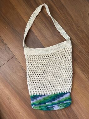 Handmade Crochet Market Bag Cream Green Purple Boho Mesh Tote Shoulder Bag